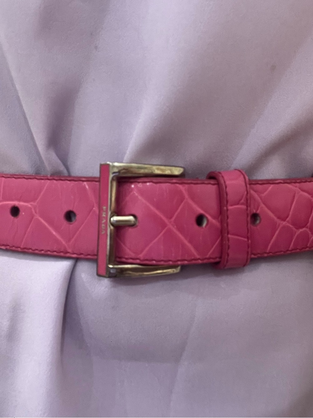 Prada pink Leather Croc-Embossed Women's Belt with silver Buckle 85